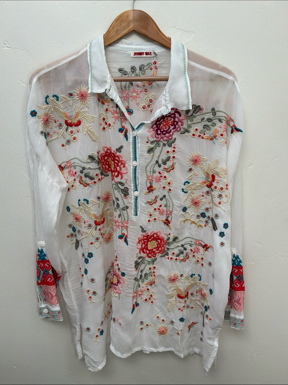 Johnny Was White Sheer Button-Front Shirt with Multicolor Floral Embroidery